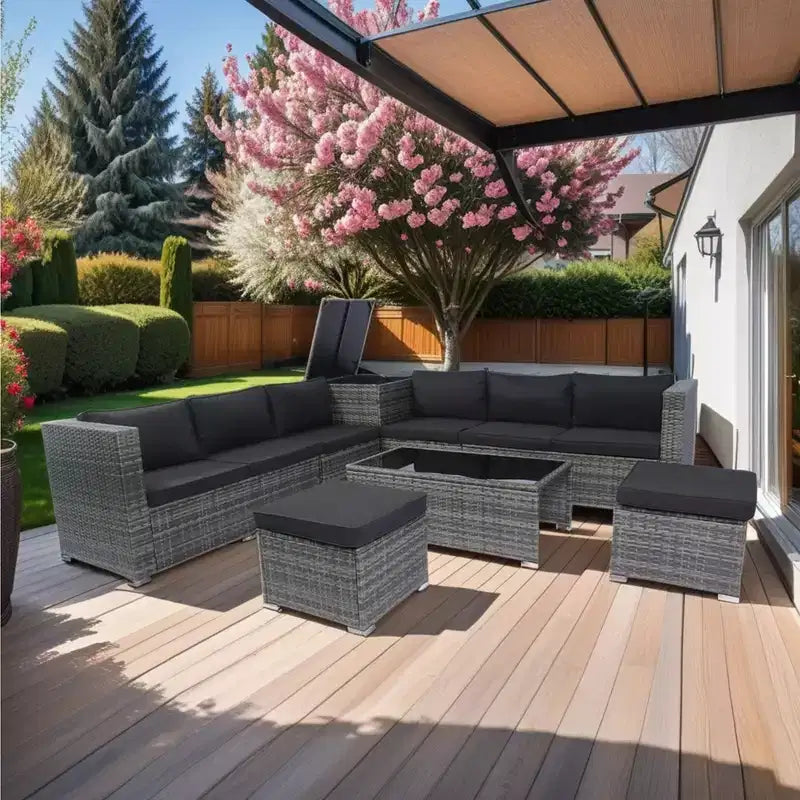 8 Piece Patio Sectional Furniture Sofa Set, Wicker Rattan Outdoor Conversation Sofa with Storage Box, for Balcony, Porch, Backyard, Deck