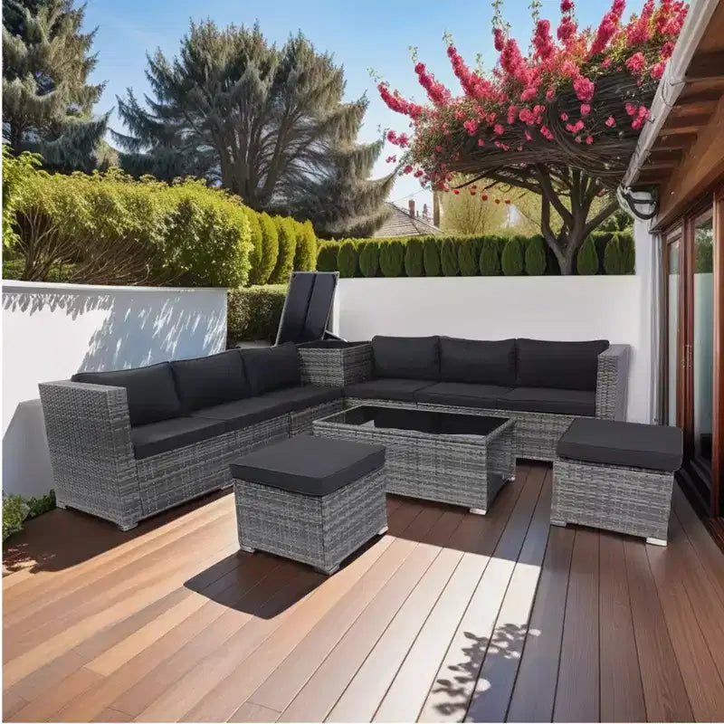 8 Piece Patio Sectional Furniture Sofa Set, Wicker Rattan Outdoor Conversation Sofa with Storage Box, for Balcony, Porch, Backyard, Deck