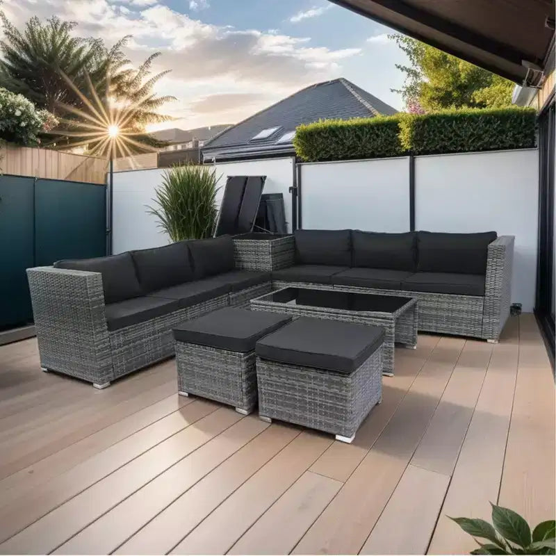 8 Piece Patio Sectional Furniture Sofa Set, Wicker Rattan Outdoor Conversation Sofa with Storage Box, for Balcony, Porch, Backyard, Deck