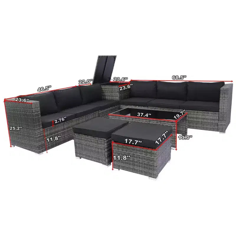 8 Piece Patio Sectional Furniture Sofa Set, Wicker Rattan Outdoor Conversation Sofa with Storage Box, for Balcony, Porch, Backyard, Deck