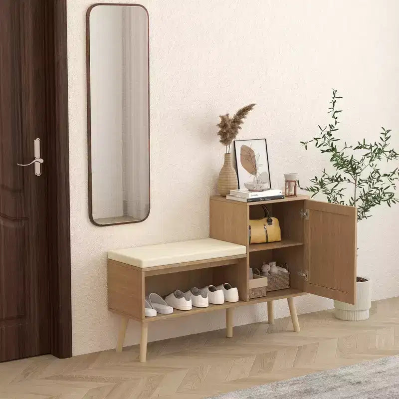 JVNOXK Banc de rangement pour chaussures 2 en 1, meuble à chaussures en rotin PP avec 2 étagères réglables et coussin amovible, armoire de rangement pour chaussures