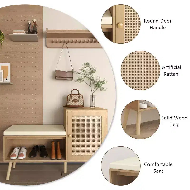 JVNOXK Banc de rangement pour chaussures 2 en 1, meuble à chaussures en rotin PP avec 2 étagères réglables et coussin amovible, armoire de rangement pour chaussures