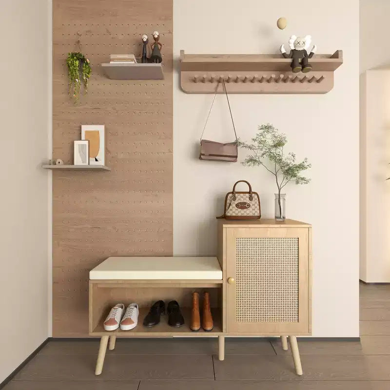 JVNOXK Banc de rangement pour chaussures 2 en 1, meuble à chaussures en rotin PP avec 2 étagères réglables et coussin amovible, armoire de rangement pour chaussures