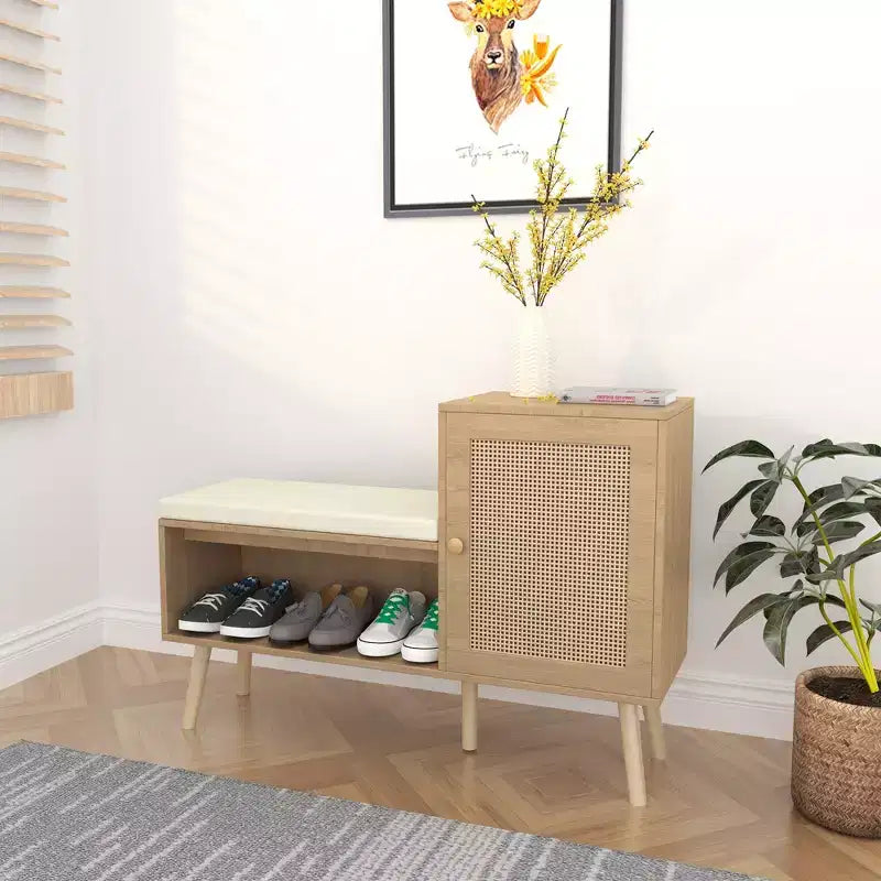 JVNOXK Banc de rangement pour chaussures 2 en 1, meuble à chaussures en rotin PP avec 2 étagères réglables et coussin amovible, armoire de rangement pour chaussures