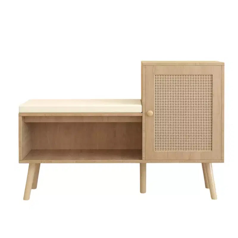 JVNOXK Banc de rangement pour chaussures 2 en 1, meuble à chaussures en rotin PP avec 2 étagères réglables et coussin amovible, armoire de rangement pour chaussures