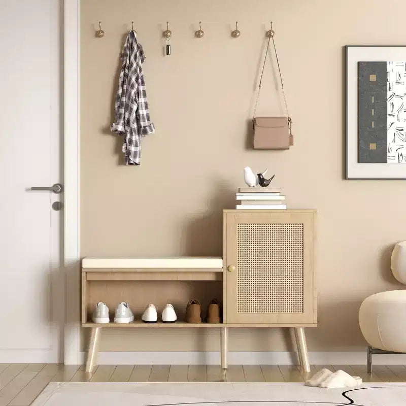 JVNOXK Banc de rangement pour chaussures 2 en 1, meuble à chaussures en rotin PP avec 2 étagères réglables et coussin amovible, armoire de rangement pour chaussures