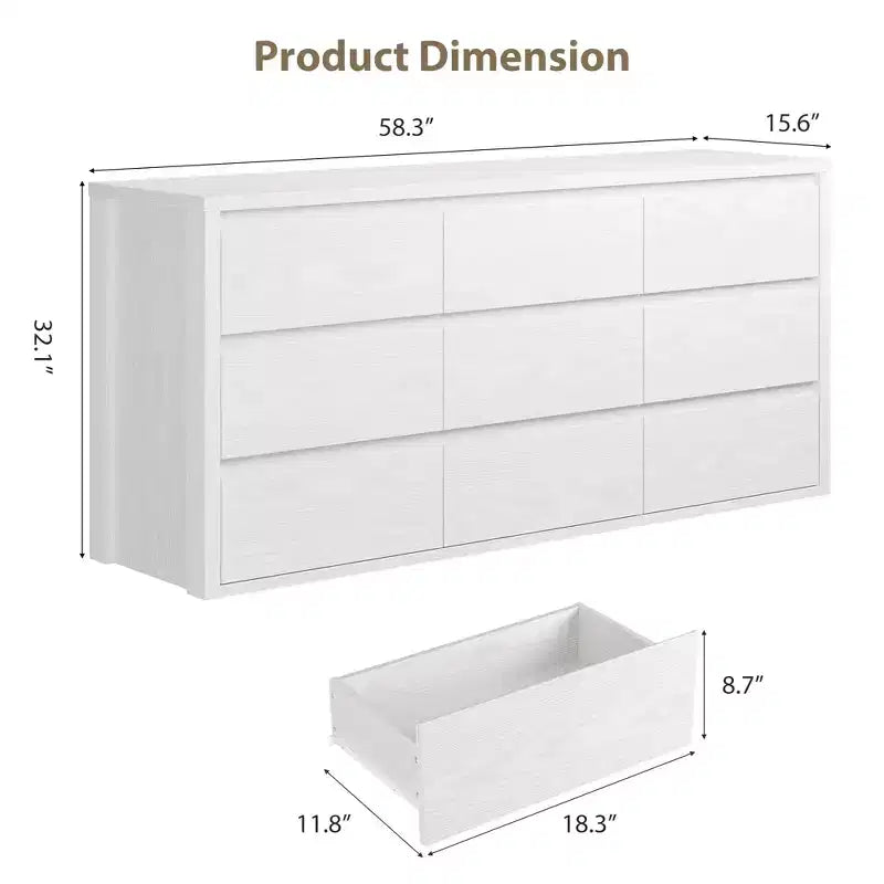 9 Drawer Dresser for Bedroom  Wide Modern Chest of Drawers, Large Wood Dresser Storage Organizer for Living Room, Hallway & Entryway