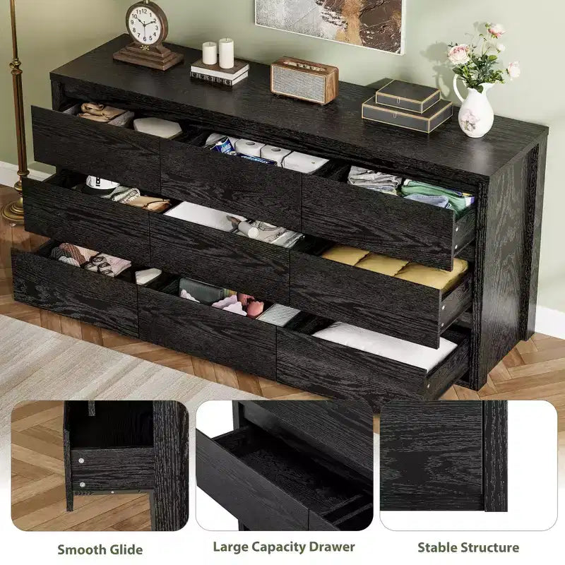 9 Drawer Dresser for Bedroom  Wide Modern Chest of Drawers, Large Wood Dresser Storage Organizer for Living Room, Hallway & Entryway