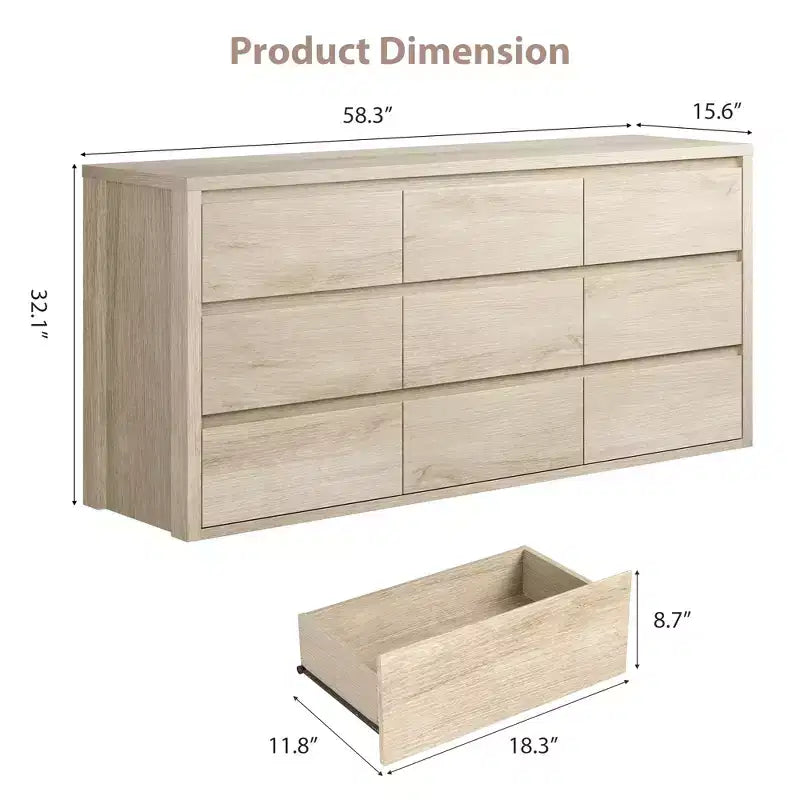 9 Drawer Dresser for Bedroom  Wide Modern Chest of Drawers, Large Wood Dresser Storage Organizer for Living Room, Hallway & Entryway