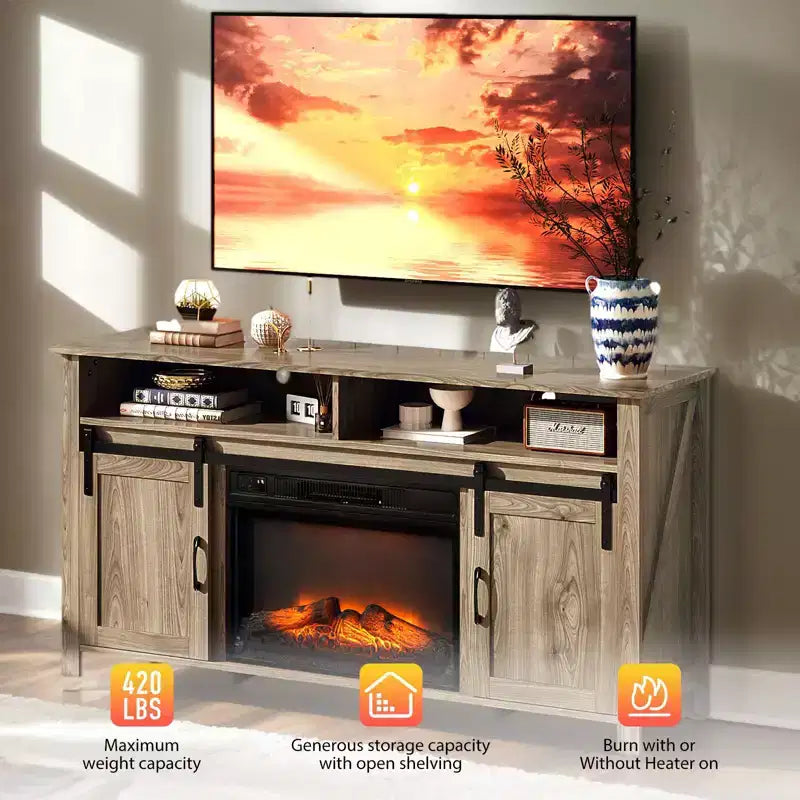 Meuble TV de ferme 59 po pour téléviseurs jusqu'à 70 po avec cheminée électrique et 2 portes