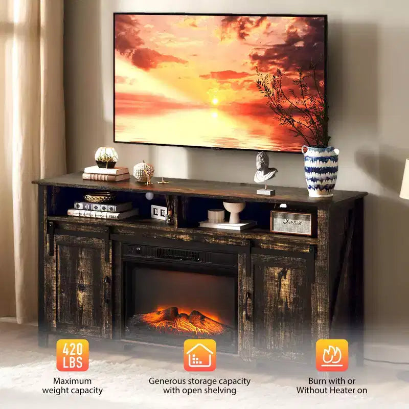 Meuble TV de ferme 59 po pour téléviseurs jusqu'à 70 po avec cheminée électrique et 2 portes