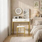 COZONY Vanity Desk with Rotating Mirror & LED Lights, Makeup Vanity Desk with 2 Drawers & 5 Storage Shelves, Dressing Table with Built-in Outlets