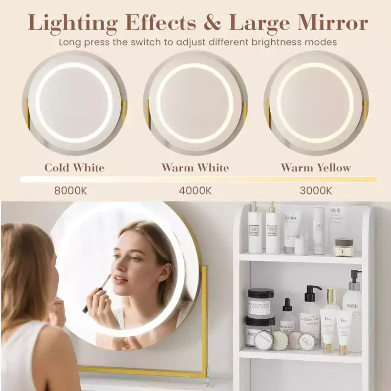 COZONY Coiffeuse avec miroir rotatif et lumières LED, Coiffeuse de maquillage avec 2 tiroirs et 5 étagères de rangement, Table de préparation avec prises intégrées