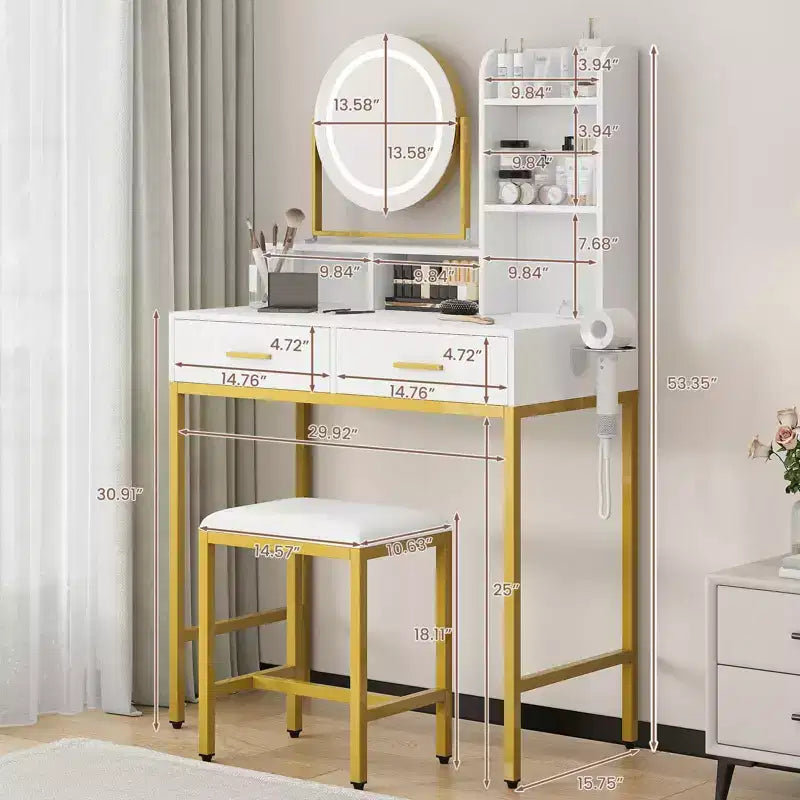 COZONY Coiffeuse avec miroir rotatif et lumières LED, Coiffeuse de maquillage avec 2 tiroirs et 5 étagères de rangement, Table de préparation avec prises intégrées