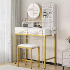 COZONY Coiffeuse avec miroir rotatif et lumières LED, Coiffeuse de maquillage avec 2 tiroirs et 5 étagères de rangement, Table de préparation avec prises intégrées