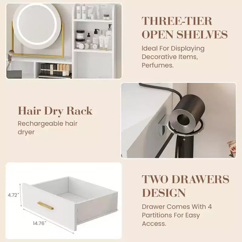 COZONY Coiffeuse avec miroir rotatif et lumières LED, Coiffeuse de maquillage avec 2 tiroirs et 5 étagères de rangement, Table de préparation avec prises intégrées
