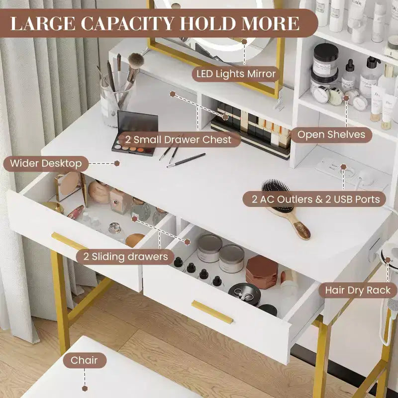 COZONY Coiffeuse avec miroir rotatif et lumières LED, Coiffeuse de maquillage avec 2 tiroirs et 5 étagères de rangement, Table de préparation avec prises intégrées