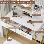 COZONY Coiffeuse avec miroir rotatif et lumières LED, Coiffeuse de maquillage avec 2 tiroirs et 5 étagères de rangement, Table de préparation avec prises intégrées