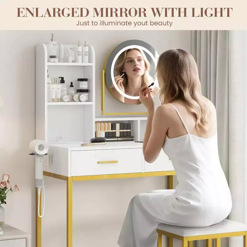 COZONY Coiffeuse avec miroir rotatif et lumières LED, Coiffeuse de maquillage avec 2 tiroirs et 5 étagères de rangement, Table de préparation avec prises intégrées