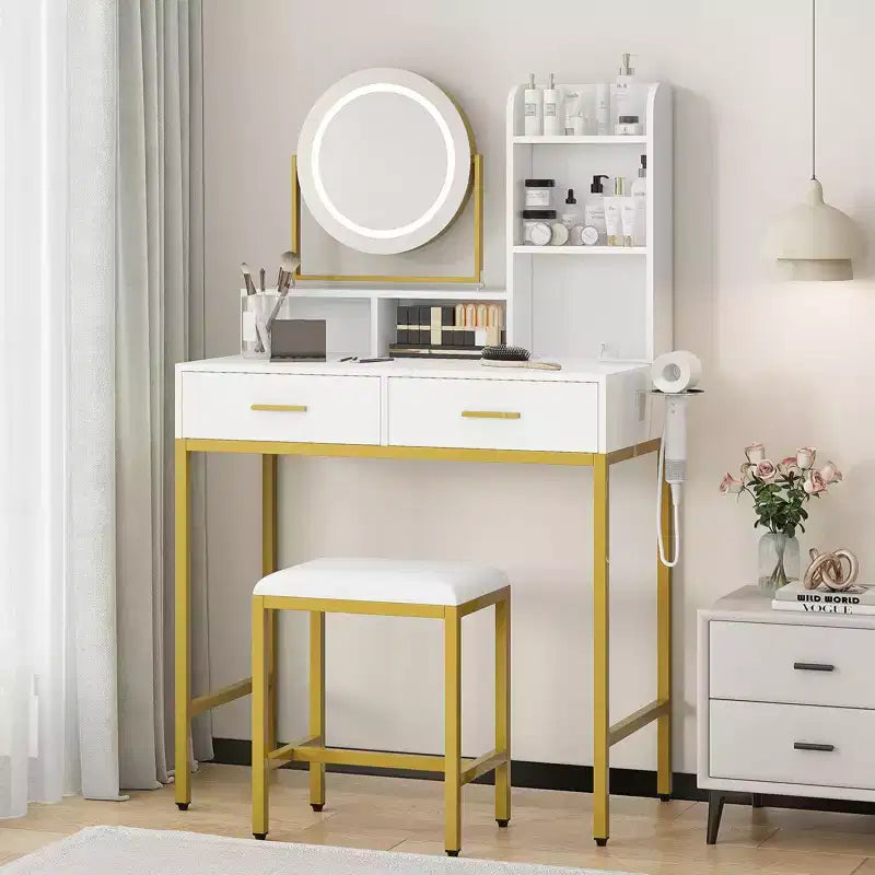 COZONY Coiffeuse avec miroir rotatif et lumières LED, Coiffeuse de maquillage avec 2 tiroirs et 5 étagères de rangement, Table de préparation avec prises intégrées