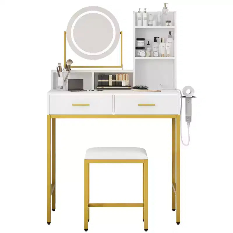 COZONY Coiffeuse avec miroir rotatif et lumières LED, Coiffeuse de maquillage avec 2 tiroirs et 5 étagères de rangement, Table de préparation avec prises intégrées