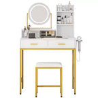 COZONY Coiffeuse avec miroir rotatif et lumières LED, Coiffeuse de maquillage avec 2 tiroirs et 5 étagères de rangement, Table de préparation avec prises intégrées