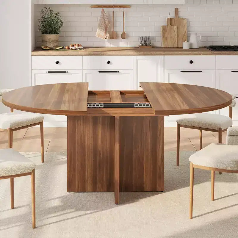 Table à manger extensible de 110 à 150 cm pour 4 à 8 personnes, table de cuisine en bois avec rangement intégré et piètement en croix, table de dîner moderne pour cuisine et salle à manger