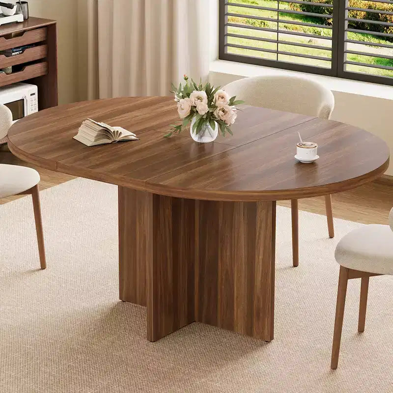 Table à manger extensible de 110 à 150 cm pour 4 à 8 personnes, table de cuisine en bois avec rangement intégré et piètement en croix, table de dîner moderne pour cuisine et salle à manger