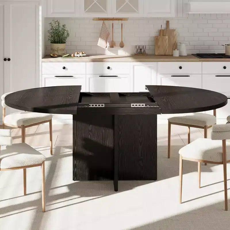 Table à manger extensible de 110 à 150 cm pour 4 à 8 personnes, table de cuisine en bois avec rangement intégré et piètement en croix, table de dîner moderne pour cuisine et salle à manger