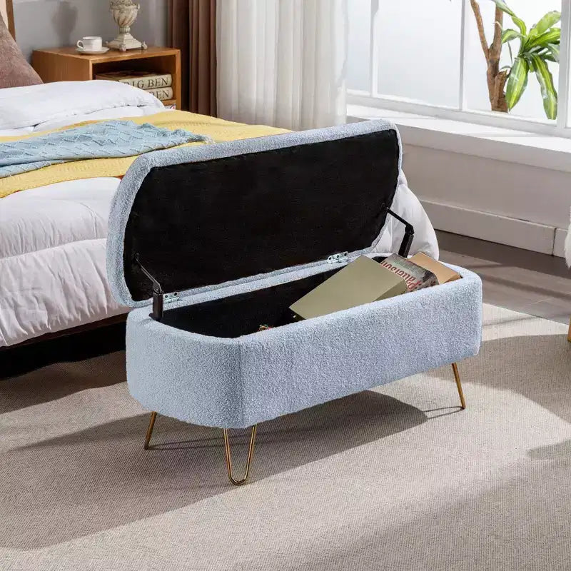TUYOHW 39 Banc de rangement moderne en fausse fourrure capitonnée avec pieds dorés, banc de bout de lit Ottoman pour salon, chambre à coucher