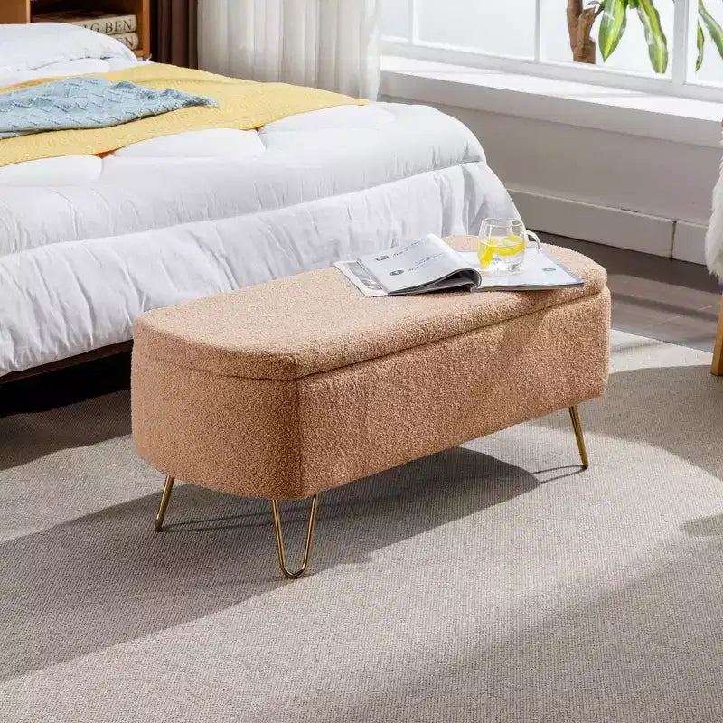 TUYOHW 39 Banc de rangement moderne en fausse fourrure capitonnée avec pieds dorés, banc de bout de lit Ottoman pour salon, chambre à coucher