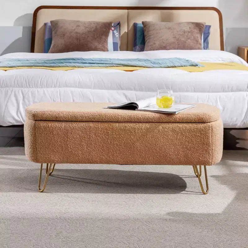 TUYOHW 39 Banc de rangement moderne en fausse fourrure capitonnée avec pieds dorés, banc de bout de lit Ottoman pour salon, chambre à coucher