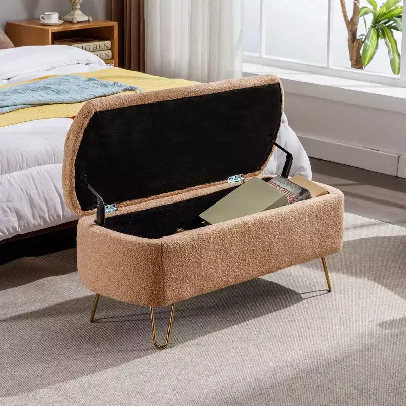 TUYOHW 39 Banc de rangement moderne en fausse fourrure capitonnée avec pieds dorés, banc de bout de lit Ottoman pour salon, chambre à coucher