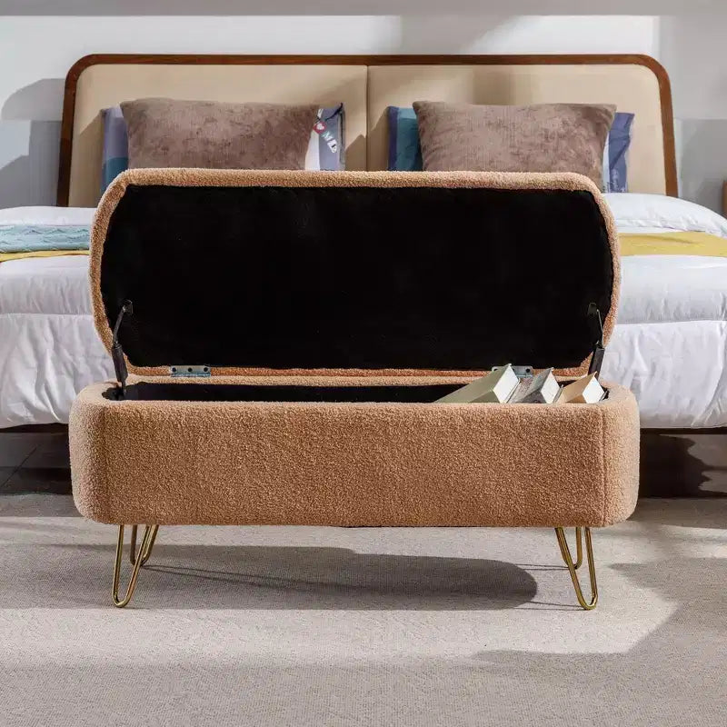 TUYOHW 39 Banc de rangement moderne en fausse fourrure capitonnée avec pieds dorés, banc de bout de lit Ottoman pour salon, chambre à coucher