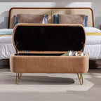 TUYOHW 39 Banc de rangement moderne en fausse fourrure capitonnée avec pieds dorés, banc de bout de lit Ottoman pour salon, chambre à coucher