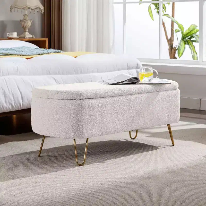 TUYOHW 39 Banc de rangement moderne en fausse fourrure capitonnée avec pieds dorés, banc de bout de lit Ottoman pour salon, chambre à coucher