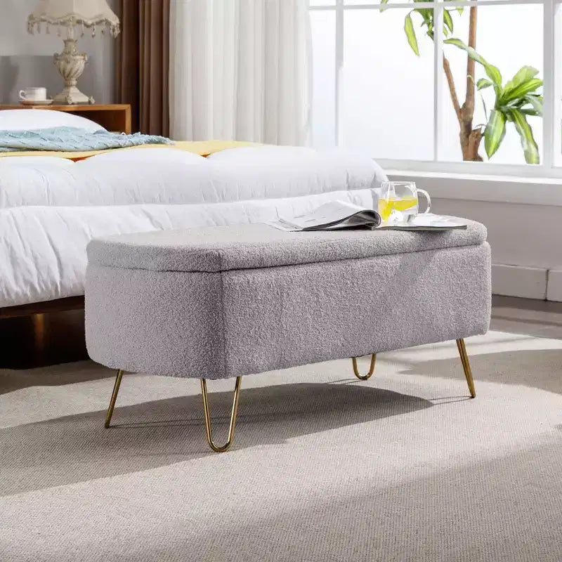 TUYOHW 39 Banc de rangement moderne en fausse fourrure capitonnée avec pieds dorés, banc de bout de lit Ottoman pour salon, chambre à coucher