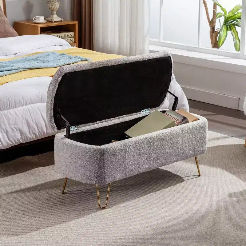 TUYOHW 39 Banc de rangement moderne en fausse fourrure capitonnée avec pieds dorés, banc de bout de lit Ottoman pour salon, chambre à coucher