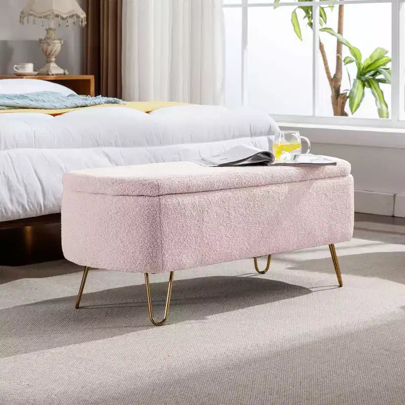 TUYOHW 39 Banc de rangement moderne en fausse fourrure capitonnée avec pieds dorés, banc de bout de lit Ottoman pour salon, chambre à coucher