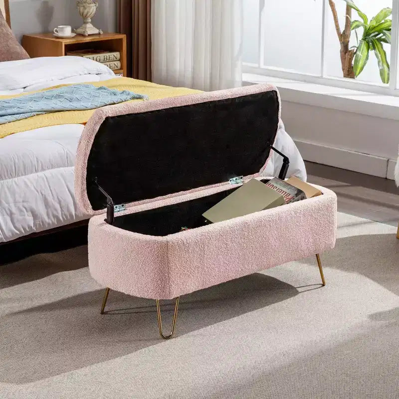 TUYOHW 39 Banc de rangement moderne en fausse fourrure capitonnée avec pieds dorés, banc de bout de lit Ottoman pour salon, chambre à coucher