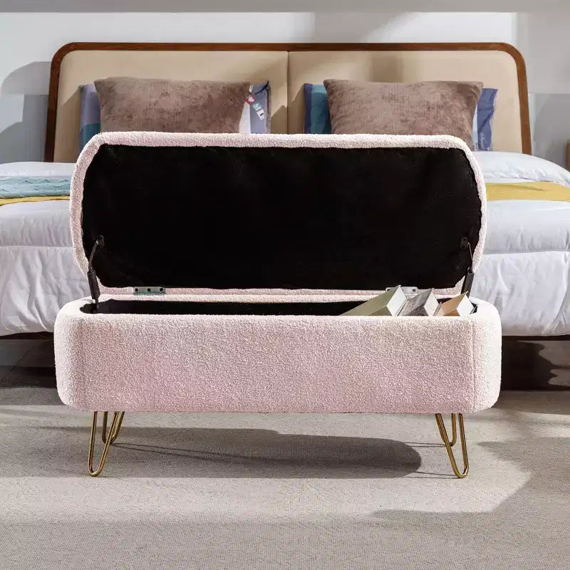 TUYOHW 39 Banc de rangement moderne en fausse fourrure capitonnée avec pieds dorés, banc de bout de lit Ottoman pour salon, chambre à coucher