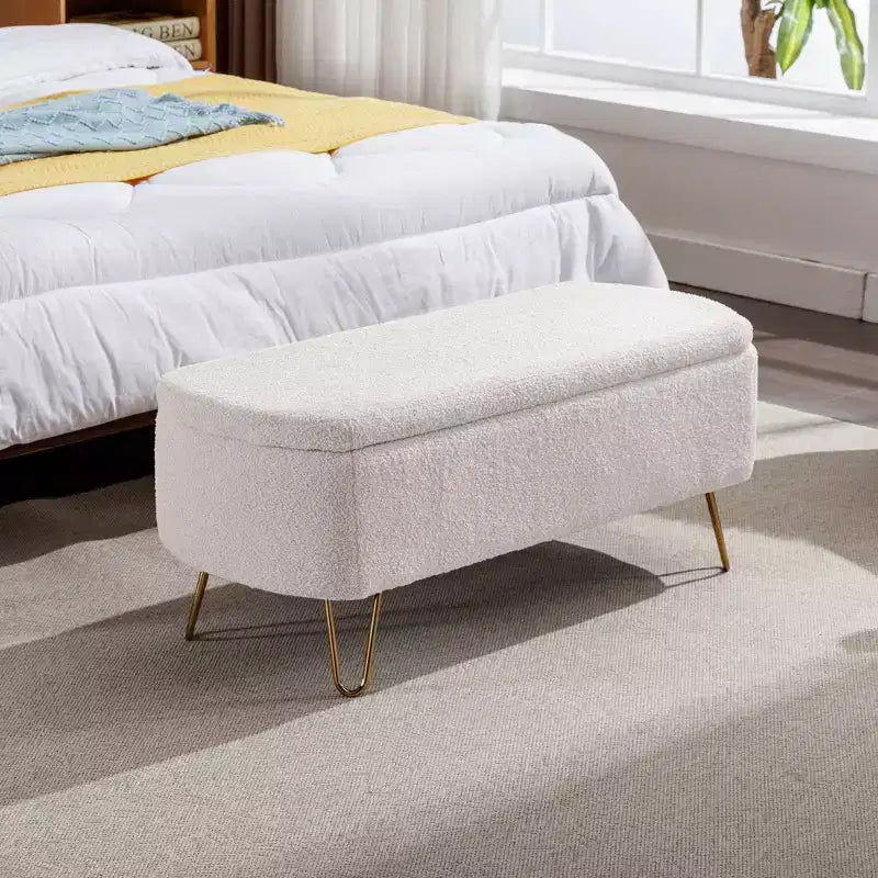 TUYOHW 39 Banc de rangement moderne en fausse fourrure capitonnée avec pieds dorés, banc de bout de lit Ottoman pour salon, chambre à coucher