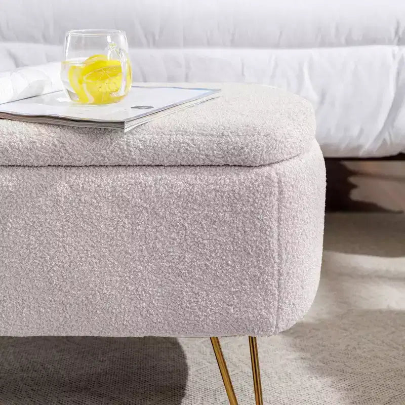 TUYOHW 39 Banc de rangement moderne en fausse fourrure capitonnée avec pieds dorés, banc de bout de lit Ottoman pour salon, chambre à coucher