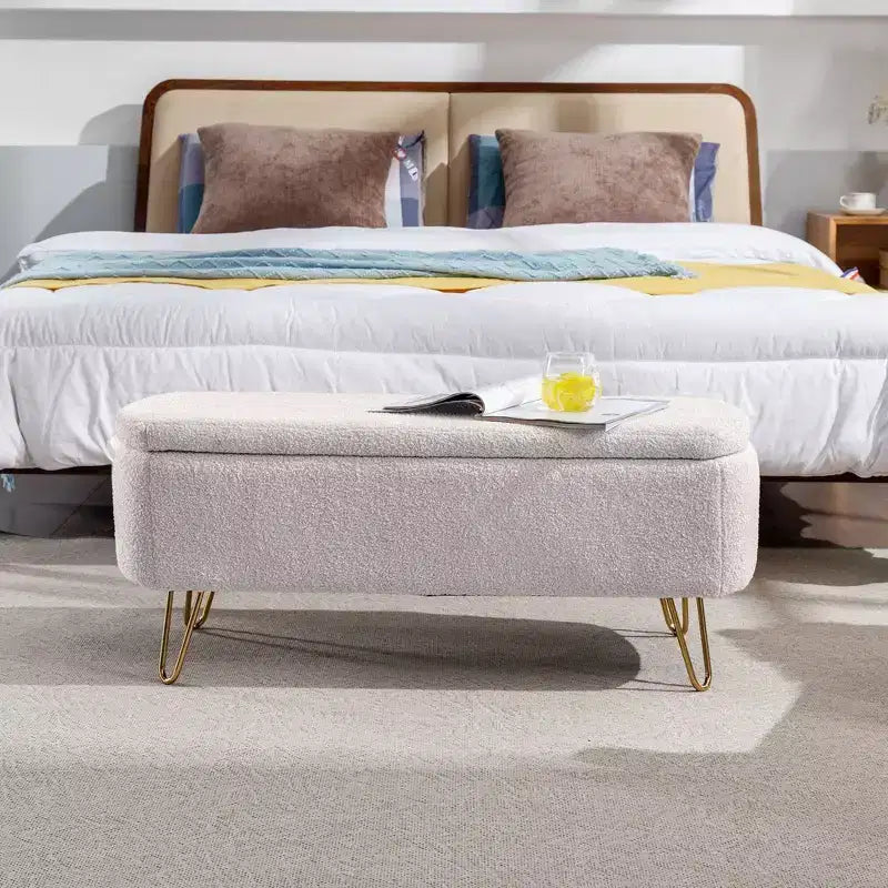 TUYOHW 39 Banc de rangement moderne en fausse fourrure capitonnée avec pieds dorés, banc de bout de lit Ottoman pour salon, chambre à coucher