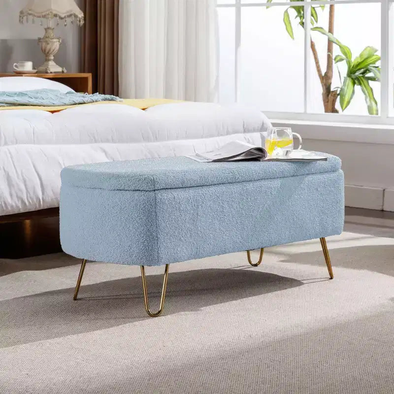 TUYOHW 39 Banc de rangement moderne en fausse fourrure capitonnée avec pieds dorés, banc de bout de lit Ottoman pour salon, chambre à coucher