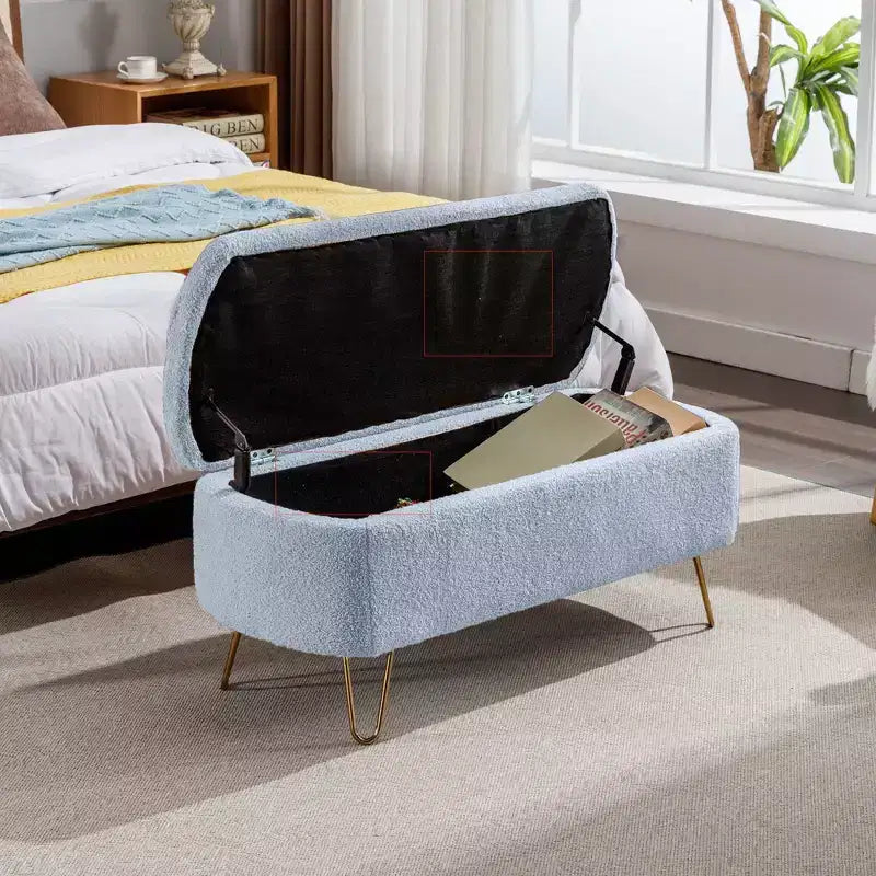 TUYOHW 39 Banc de rangement moderne en fausse fourrure capitonnée avec pieds dorés, banc de bout de lit Ottoman pour salon, chambre à coucher