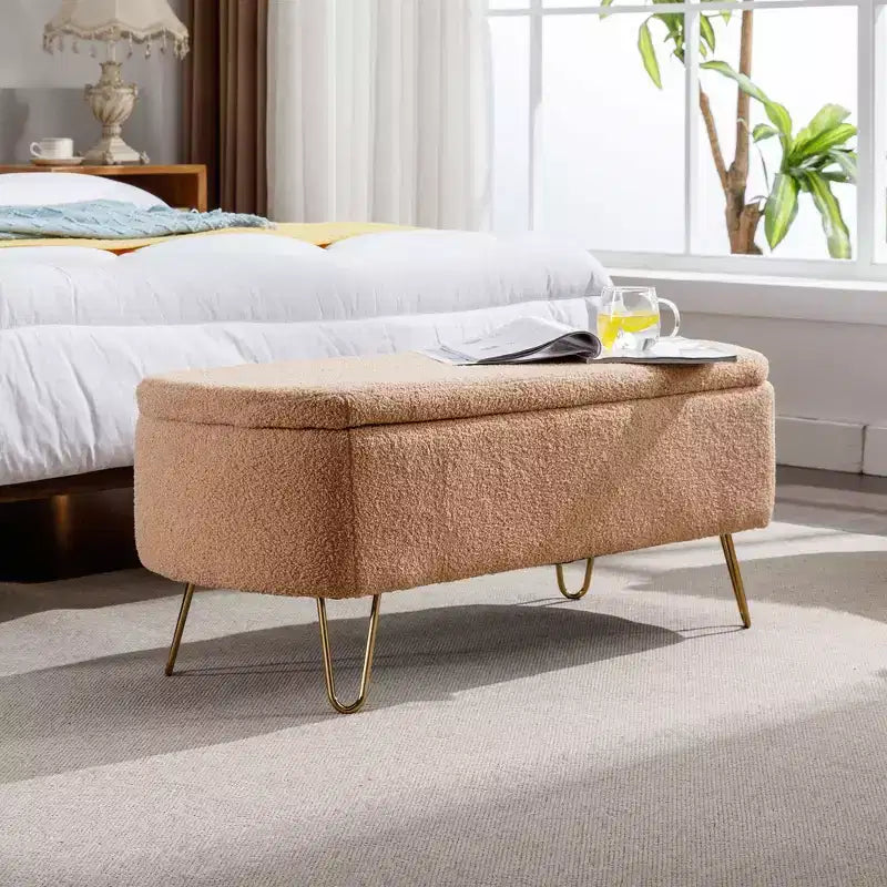 TUYOHW 39 Modern Storage Bench with Faux Fur Upholstered Entryway Bench with Gold Legs End of Bed Bench Ottoman for Living Room, Bedroom