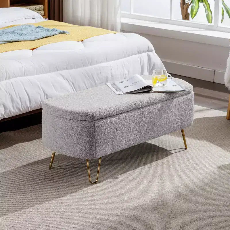 TUYOHW 39 Banc de rangement moderne en fausse fourrure capitonnée avec pieds dorés, banc de bout de lit Ottoman pour salon, chambre à coucher