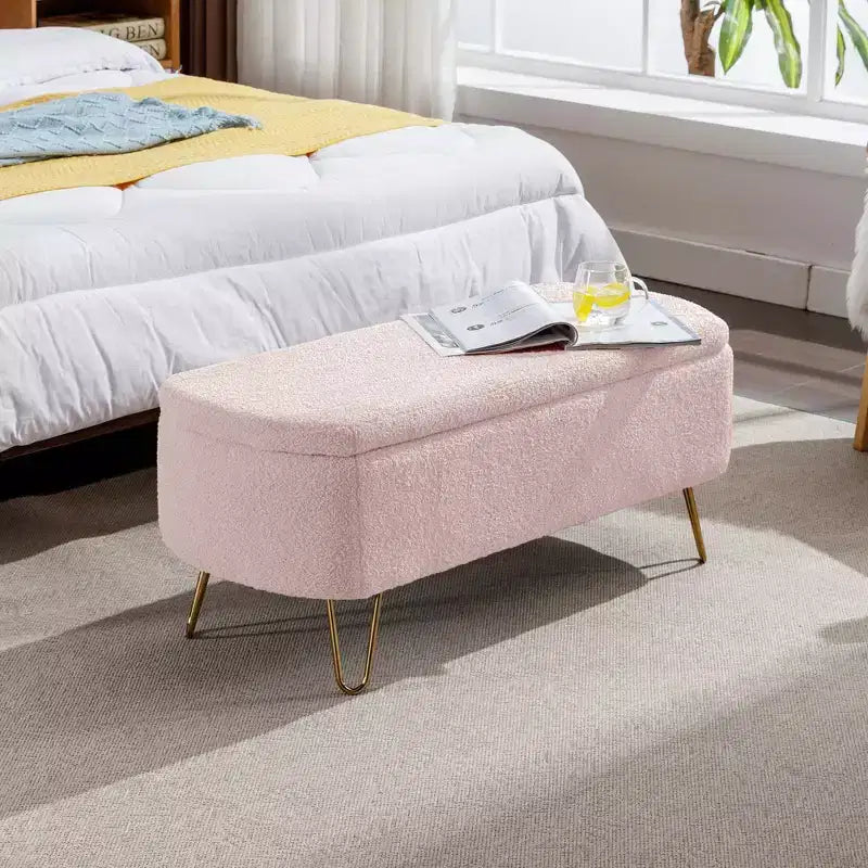 TUYOHW 39 Banc de rangement moderne en fausse fourrure capitonnée avec pieds dorés, banc de bout de lit Ottoman pour salon, chambre à coucher