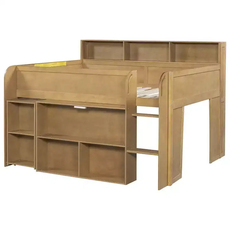 Lit mezzanine élégant en bois pleine grandeur Whisen avec plusieurs étagères de rangement, bureau
